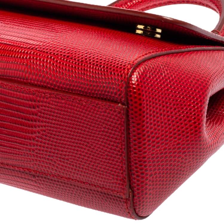 Pre Owned Dolce & Gabbana Red Croc Embossed Leather Small Miss Sicily Top Handle Bag