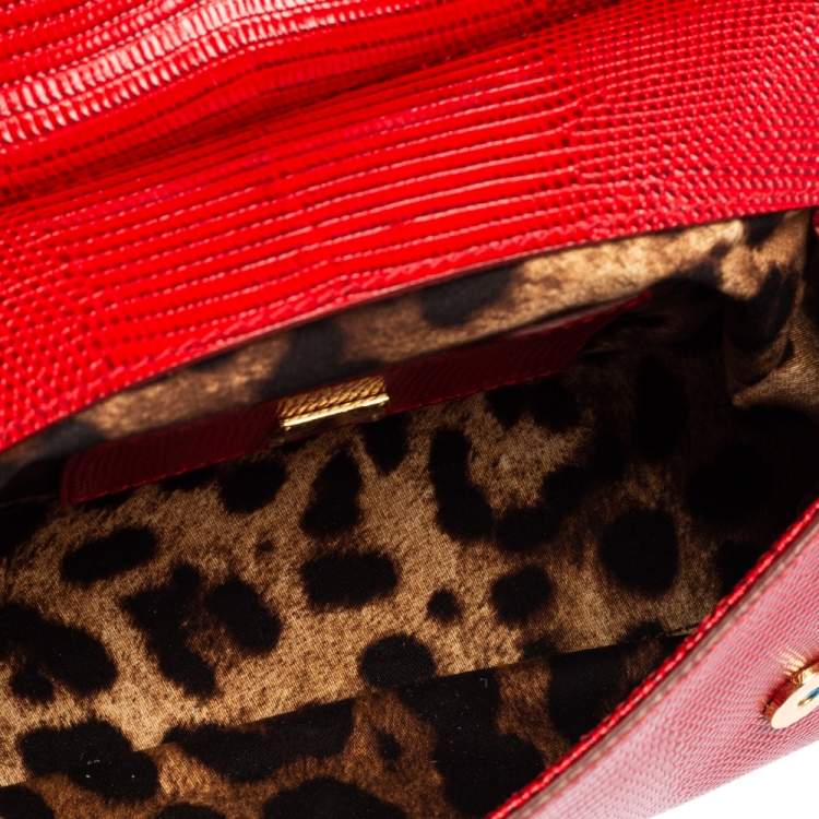 Pre Owned Dolce & Gabbana Red Croc Embossed Leather Small Miss Sicily Top Handle Bag