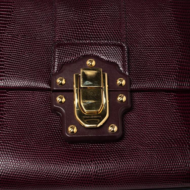 Pre Owned Dolce & Gabbana Burgundy Lizard Embossed Leather Medium Lucia Top Handle Bag