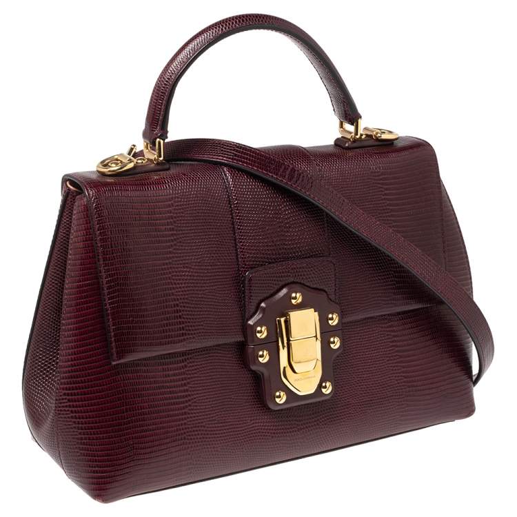 Pre Owned Dolce & Gabbana Burgundy Lizard Embossed Leather Medium Lucia Top Handle Bag