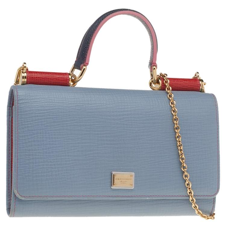 Pre Owned Dolce & Gabbana Pale Blue/Red Leather Miss Sicily Wallet on Chain