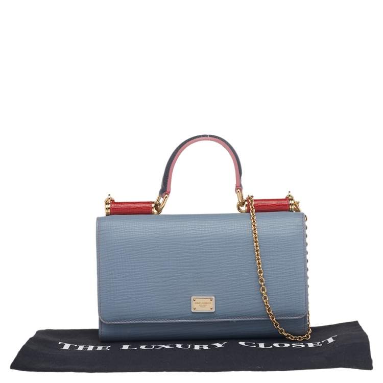 Pre Owned Dolce & Gabbana Pale Blue/Red Leather Miss Sicily Wallet on Chain