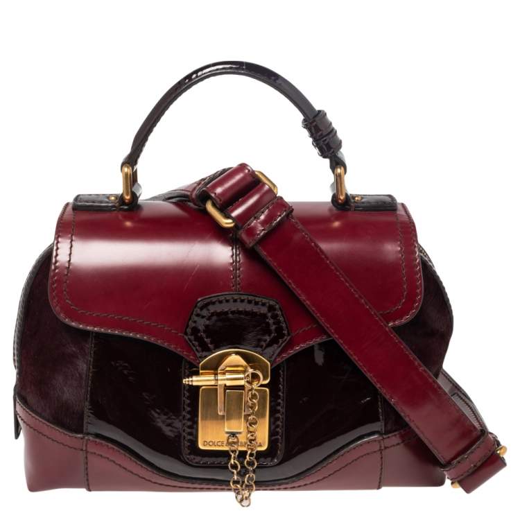 Pre Owned Dolce & Gabbana Burgundy Calfhair, Patent and Leather Miss Catch Top Handle Bag
