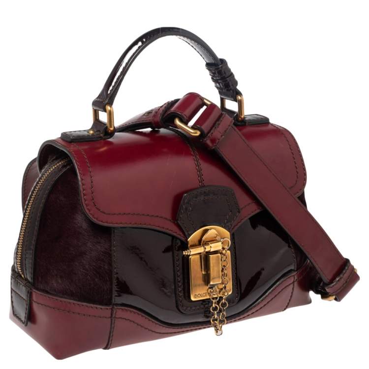 Pre Owned Dolce & Gabbana Burgundy Calfhair, Patent and Leather Miss Catch Top Handle Bag