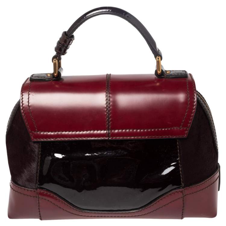 Pre Owned Dolce & Gabbana Burgundy Calfhair, Patent and Leather Miss Catch Top Handle Bag