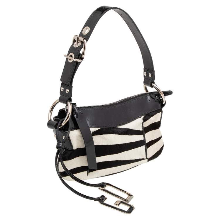 Pre Owned Dolce & Gabbana Black/White Zebra Print Calfhair and Patent Leather Baguette 
