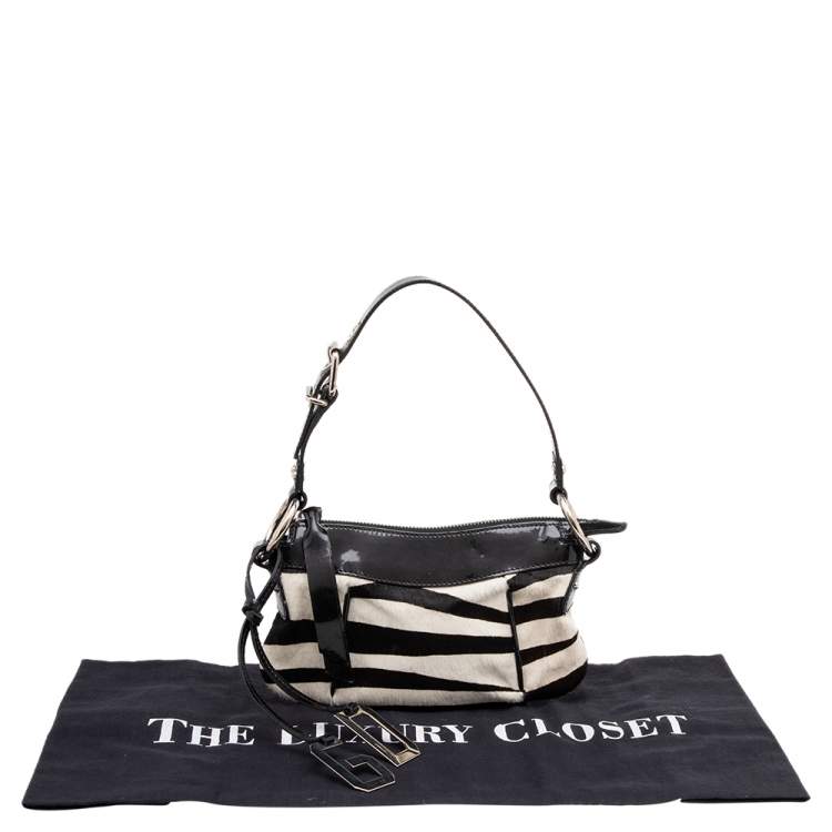Pre Owned Dolce & Gabbana Black/White Zebra Print Calfhair and Patent Leather Baguette 