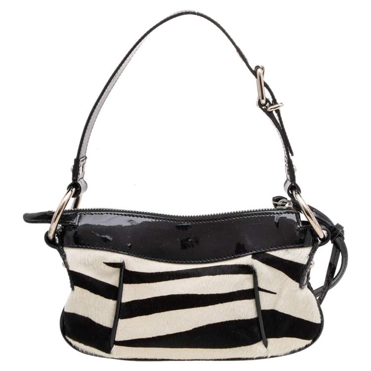 Pre Owned Dolce & Gabbana Black/White Zebra Print Calfhair and Patent Leather Baguette 
