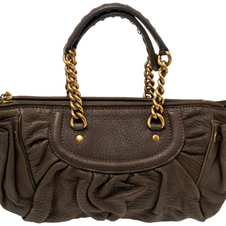 Pre Owned Dolce & Gabbana Olive Green Leather Tassel Satchel 