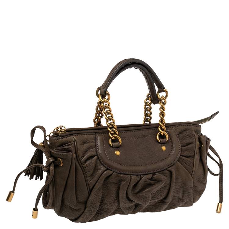 Pre Owned Dolce & Gabbana Olive Green Leather Tassel Satchel 