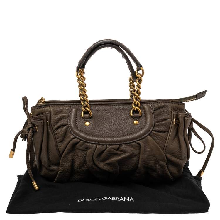 Pre Owned Dolce & Gabbana Olive Green Leather Tassel Satchel 