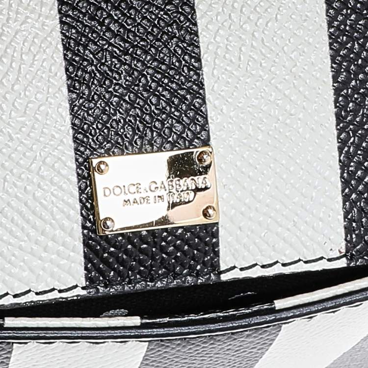 Pre Owned Dolce & Gabbana Black/White Striped Leather Medium Miss Sicily Top Handle Bag