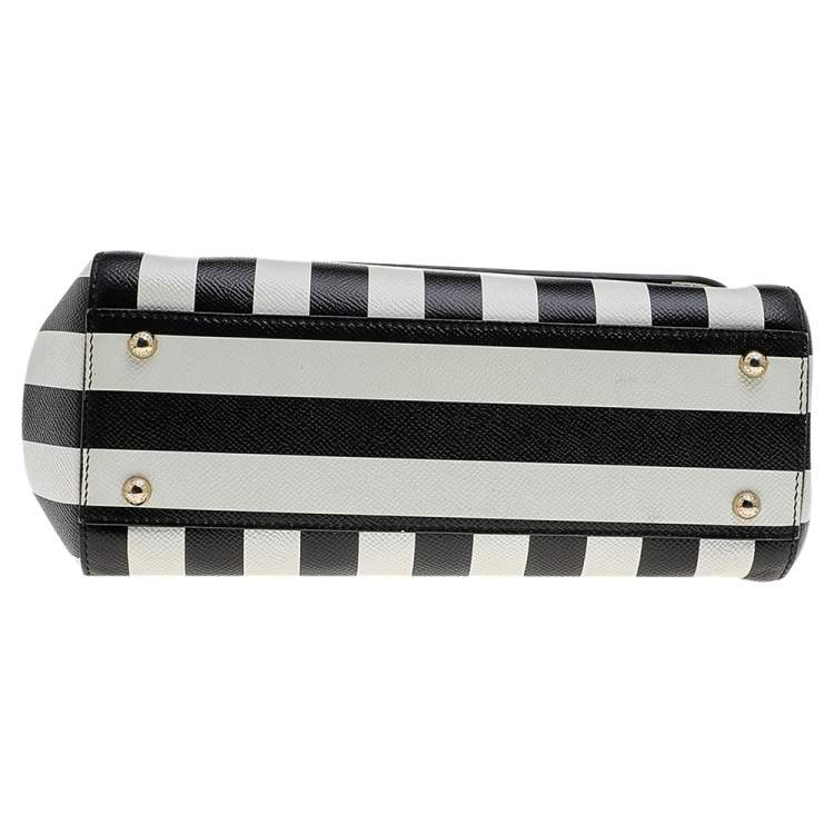 Pre Owned Dolce & Gabbana Black/White Striped Leather Medium Miss Sicily Top Handle Bag