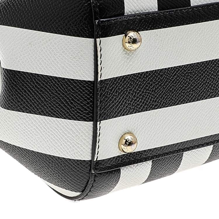 Pre Owned Dolce & Gabbana Black/White Striped Leather Medium Miss Sicily Top Handle Bag