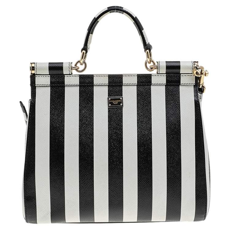 Pre Owned Dolce & Gabbana Black/White Striped Leather Medium Miss Sicily Top Handle Bag