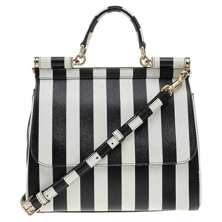 Pre Owned Dolce & Gabbana Black/White Striped Leather Medium Miss Sicily Top Handle Bag