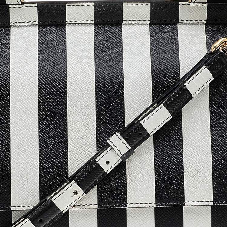 Pre Owned Dolce & Gabbana Black/White Striped Leather Medium Miss Sicily Top Handle Bag
