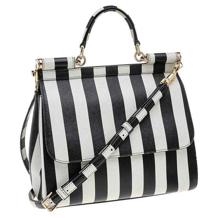 Pre Owned Dolce & Gabbana Black/White Striped Leather Medium Miss Sicily Top Handle Bag