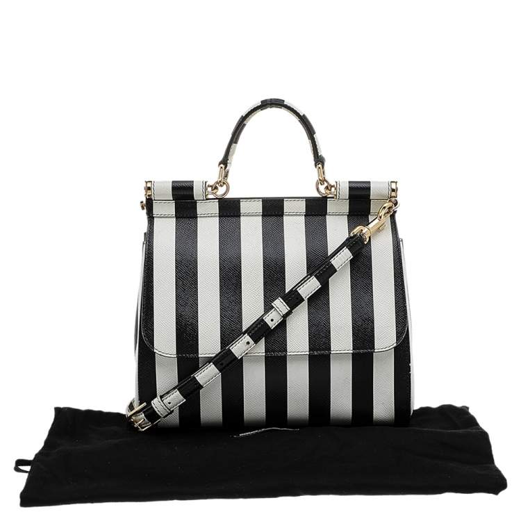 Pre Owned Dolce & Gabbana Black/White Striped Leather Medium Miss Sicily Top Handle Bag