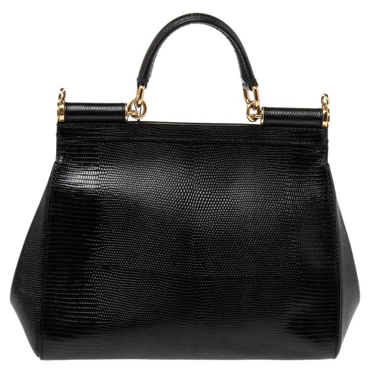 Pre Owned Dolce & Gabbana Black Lizard Embossed Leather Crystal DG Logo Medium Miss Sicily Bag