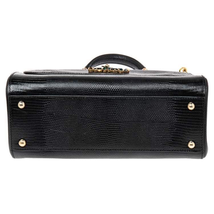 Pre Owned Dolce & Gabbana Black Lizard Embossed Leather Crystal DG Logo Medium Miss Sicily Bag