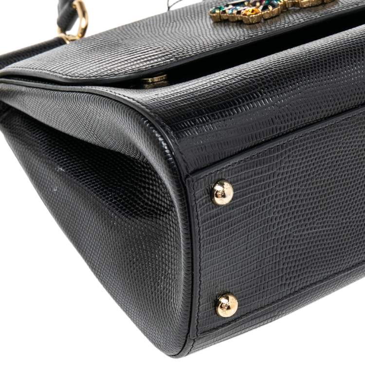 Pre Owned Dolce & Gabbana Black Lizard Embossed Leather Crystal DG Logo Medium Miss Sicily Bag