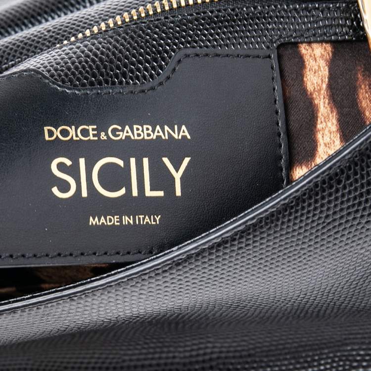 Pre Owned Dolce & Gabbana Black Lizard Embossed Leather Crystal DG Logo Medium Miss Sicily Bag