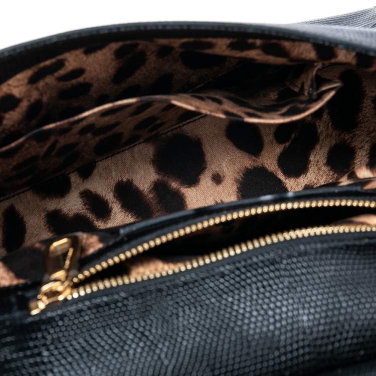 Pre Owned Dolce & Gabbana Black Lizard Embossed Leather Crystal DG Logo Medium Miss Sicily Bag