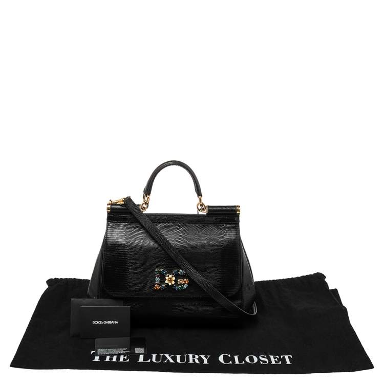 Pre Owned Dolce & Gabbana Black Lizard Embossed Leather Crystal DG Logo Medium Miss Sicily Bag