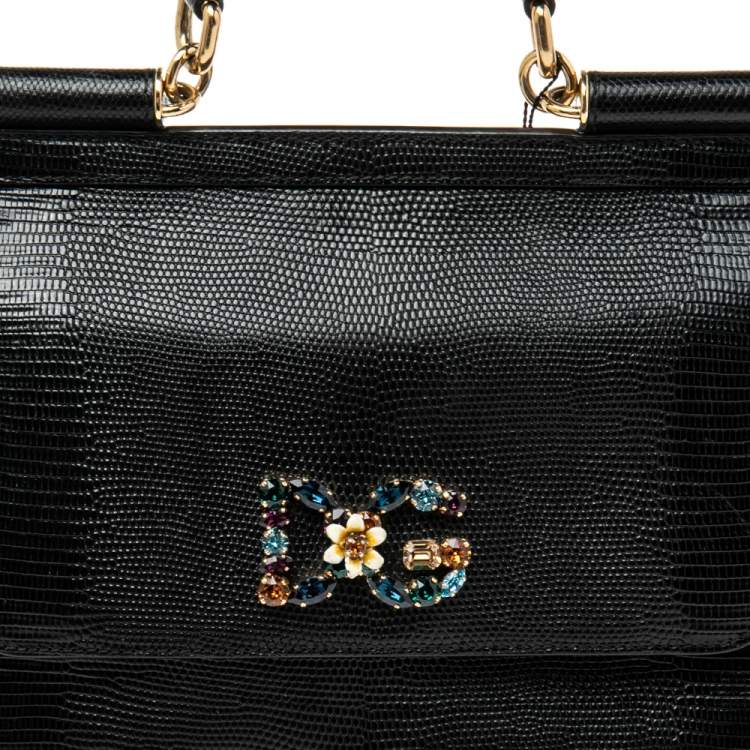 Pre Owned Dolce & Gabbana Black Lizard Embossed Leather Crystal DG Logo Medium Miss Sicily Bag