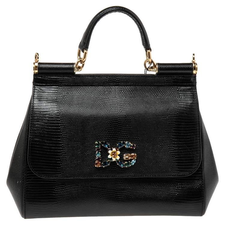 Dolce & Gabbana Black Lizard Embossed Leather Crystal DG Logo Medium ...