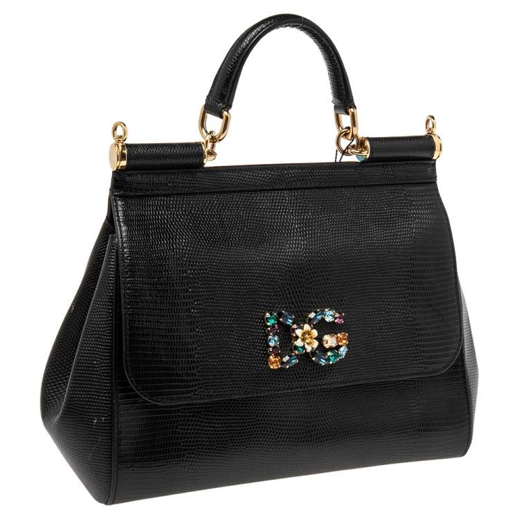 Pre Owned Dolce & Gabbana Black Lizard Embossed Leather Crystal DG Logo Medium Miss Sicily Bag