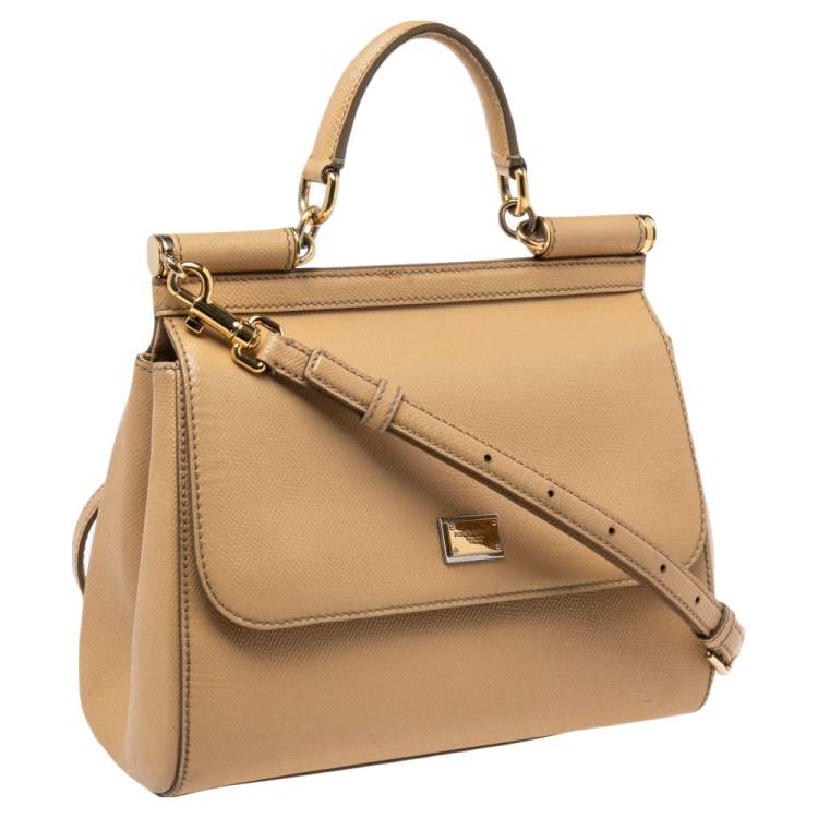 Pre Owned Dolce & Gabbana Beige Leather Medium Miss Sicily Top Handle Bag