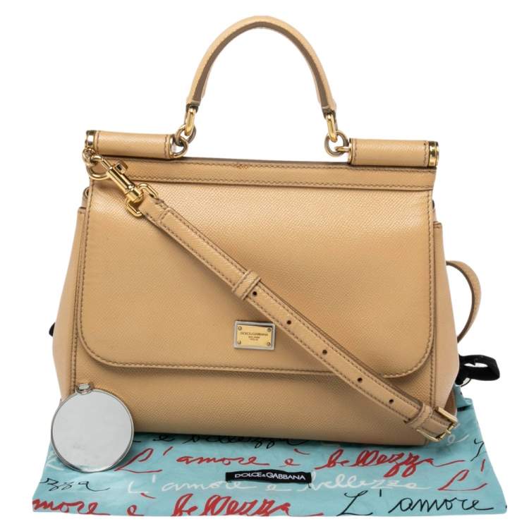 Pre Owned Dolce & Gabbana Beige Leather Medium Miss Sicily Top Handle Bag