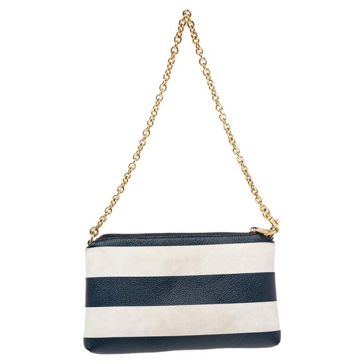 Pre Owned Dolce & Gabbana Blue/White Striped Leather Chain Pouch