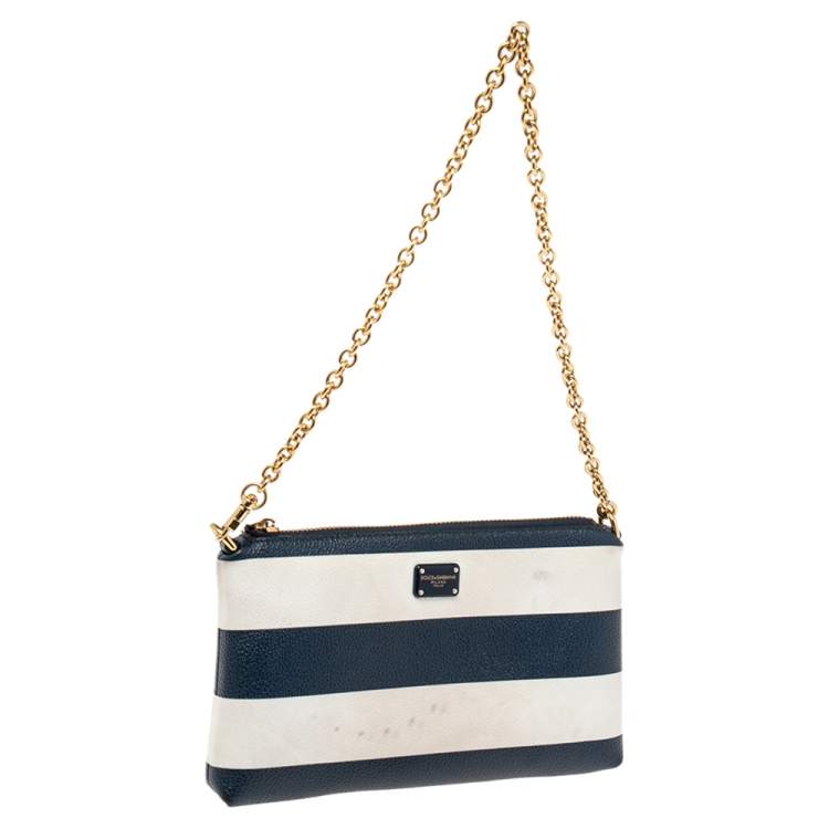 Pre Owned Dolce & Gabbana Blue/White Striped Leather Chain Pouch