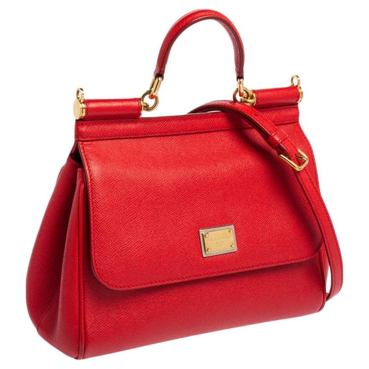Pre Owned Dolce & Gabbana Red Leather Medium Miss Sicily Top Handle Bag