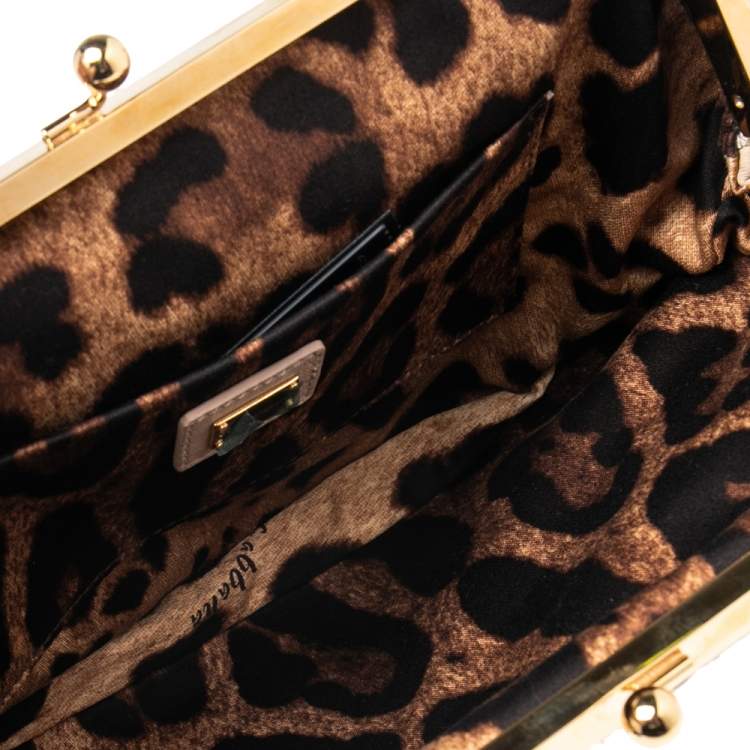 Pre Owned Dolce & Gabbana Beige Lace And Leather Kiss Lock Frame Clutch