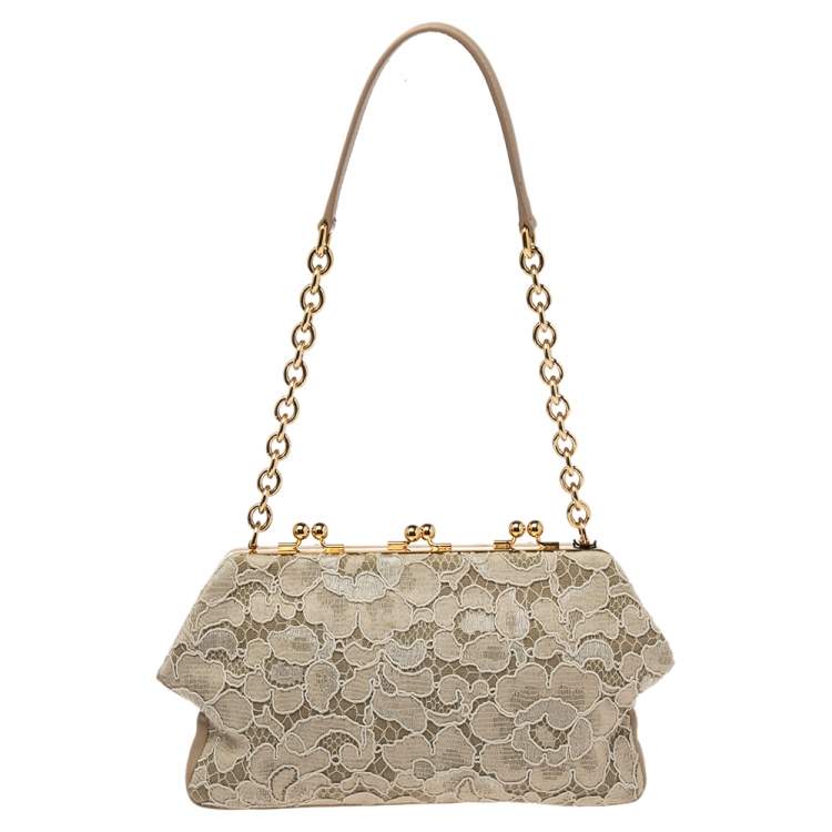 Pre Owned Dolce & Gabbana Beige Lace And Leather Kiss Lock Frame Clutch