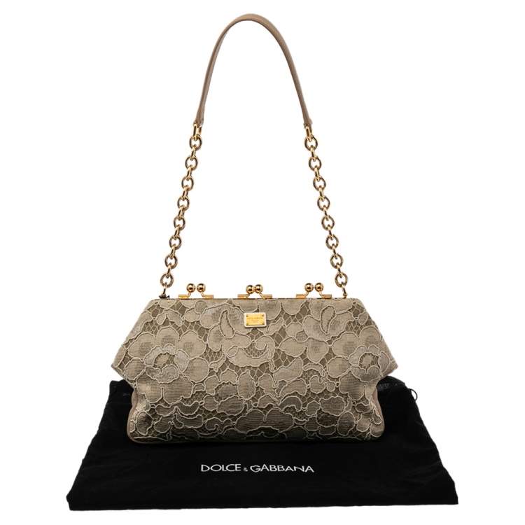Pre Owned Dolce & Gabbana Beige Lace And Leather Kiss Lock Frame Clutch