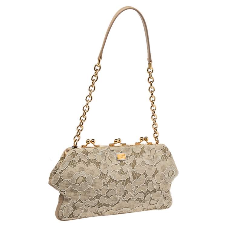Pre Owned Dolce & Gabbana Beige Lace And Leather Kiss Lock Frame Clutch