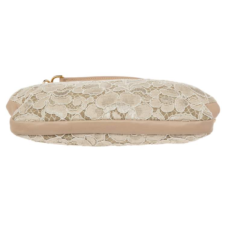 Pre Owned Dolce & Gabbana Beige Lace And Leather Kiss Lock Frame Clutch
