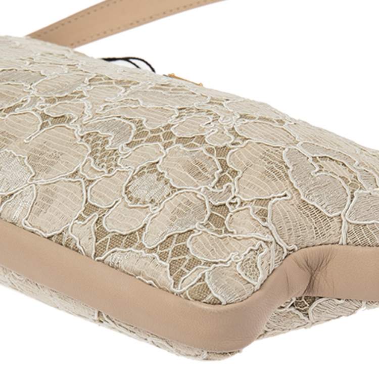 Pre Owned Dolce & Gabbana Beige Lace And Leather Kiss Lock Frame Clutch