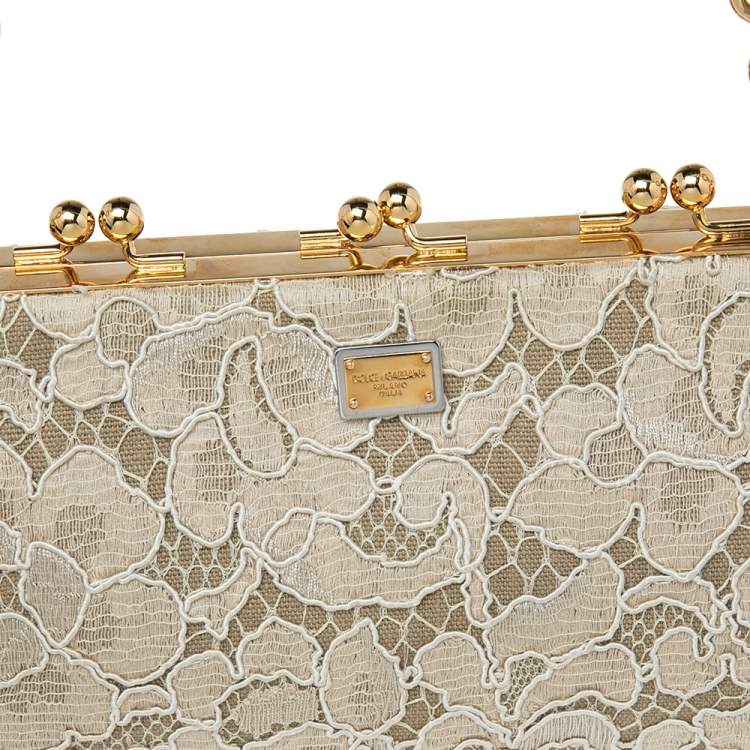 Pre Owned Dolce & Gabbana Beige Lace And Leather Kiss Lock Frame Clutch