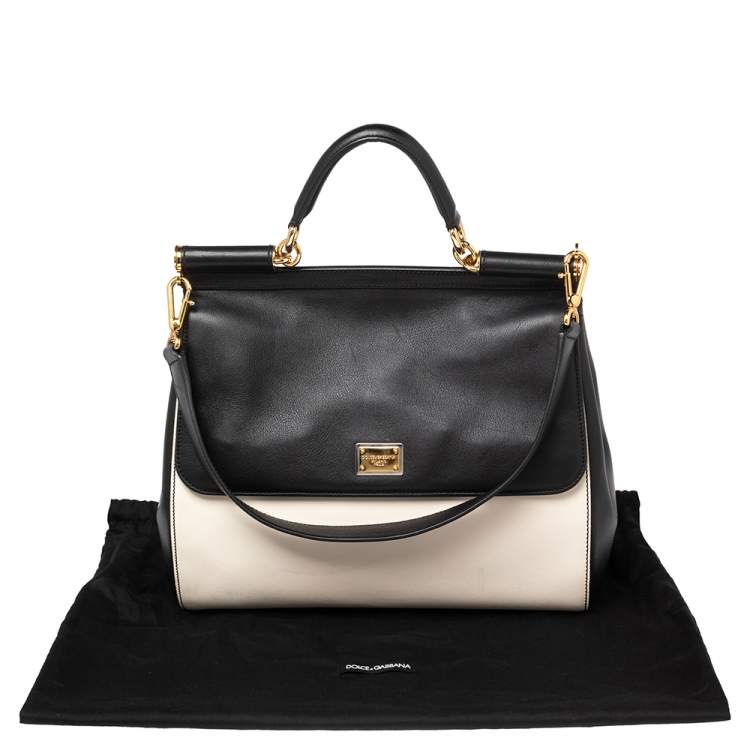 Pre Owned Dolce & Gabbana Black/White Leather Large Miss Sicily Top Handle Bag