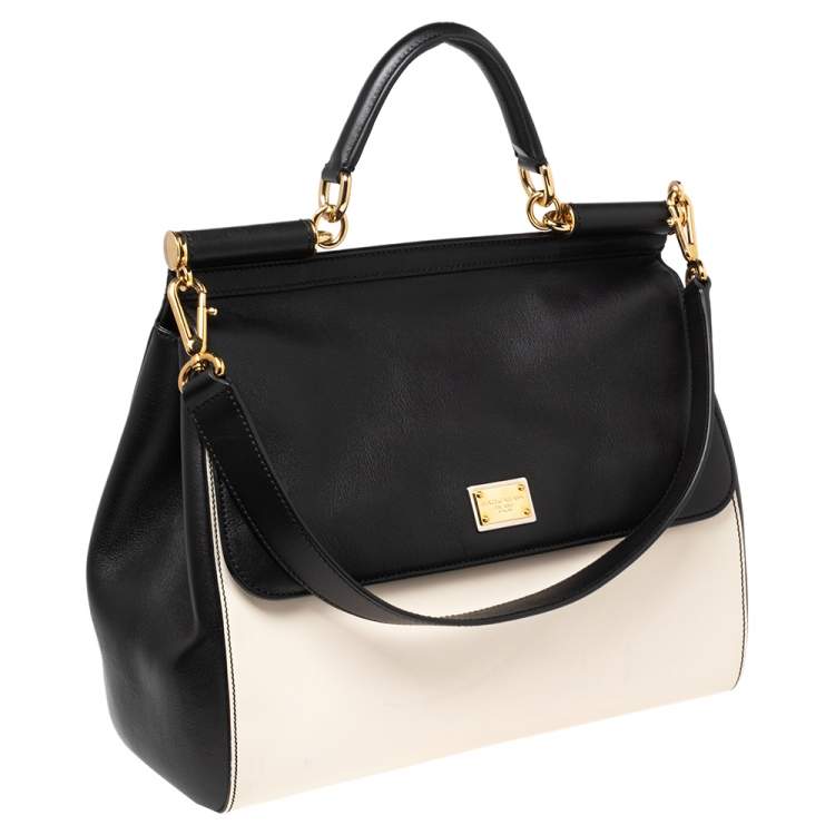 Pre Owned Dolce & Gabbana Black/White Leather Large Miss Sicily Top Handle Bag