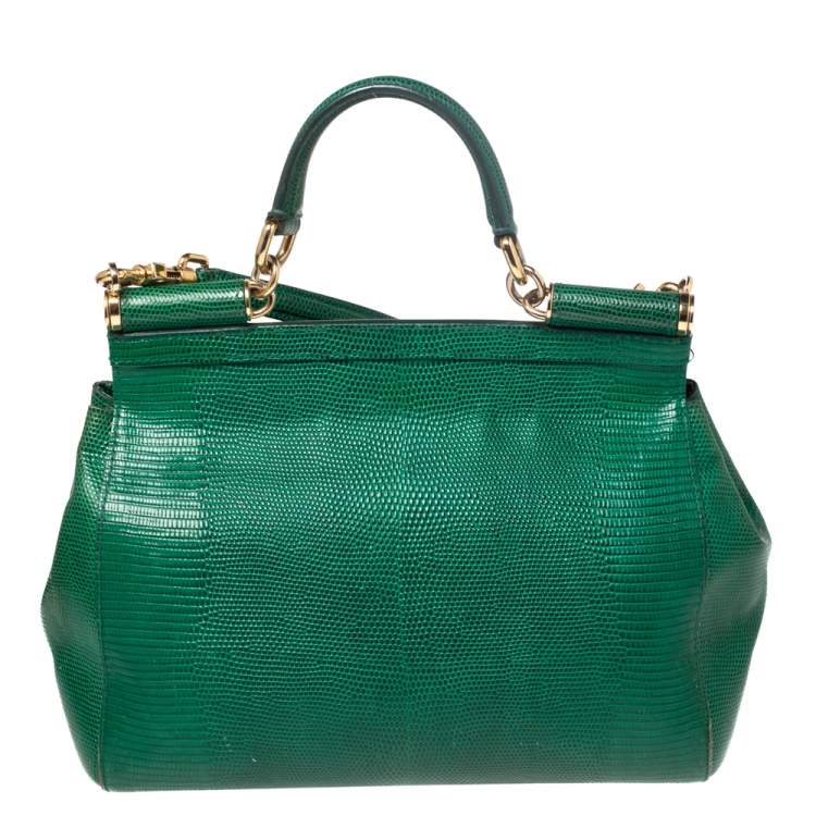 Pre Owned Dolce & Gabbana Green Lizard Embossed Leather Medium Miss Sicily Top Handle Bag