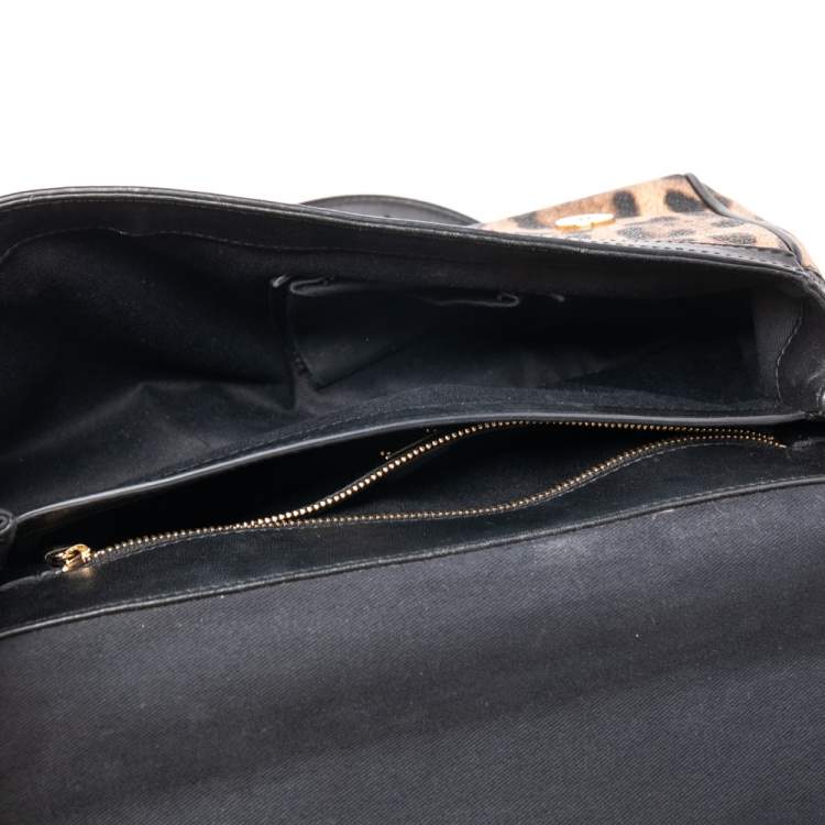 Pre Owned Dolce & Gabbana Black/Brown Animal Print Coated Canvas and Leather Miss Sicily Top Handle Bag