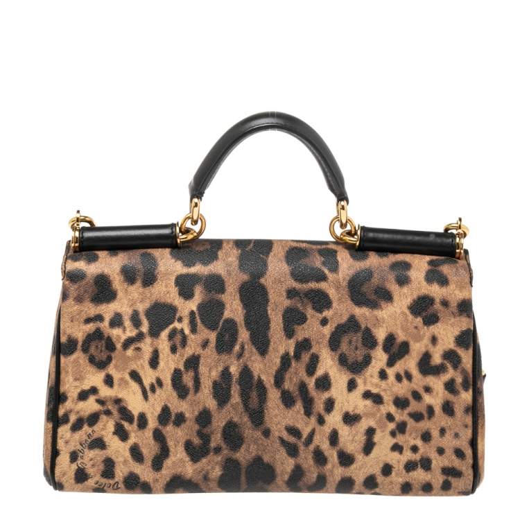 Pre Owned Dolce & Gabbana Black/Brown Animal Print Coated Canvas and Leather Miss Sicily Top Handle Bag