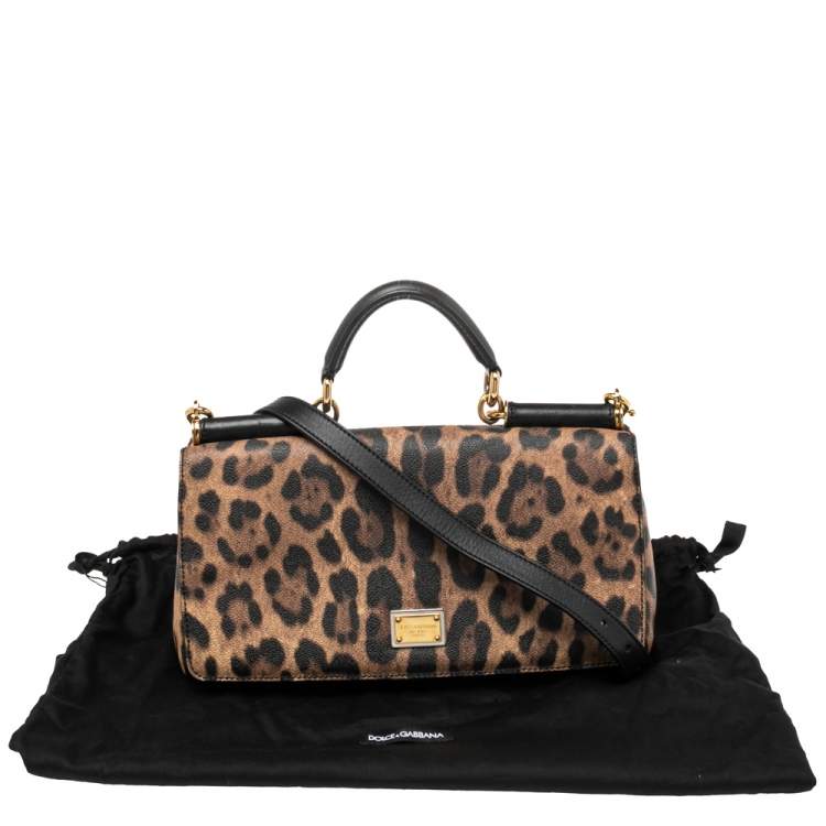 Pre Owned Dolce & Gabbana Black/Brown Animal Print Coated Canvas and Leather Miss Sicily Top Handle Bag